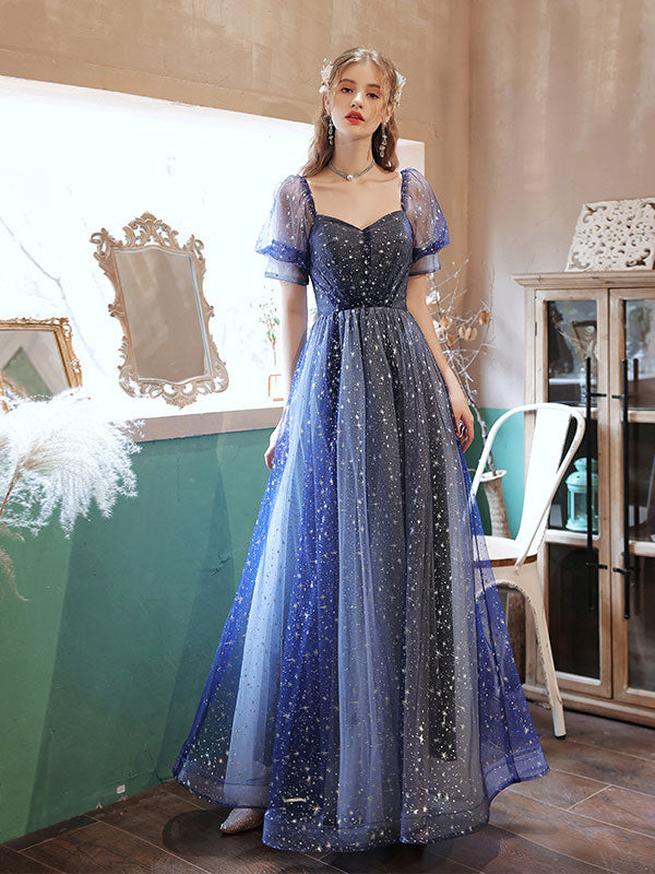 A-line tulle starry blue long prom ...